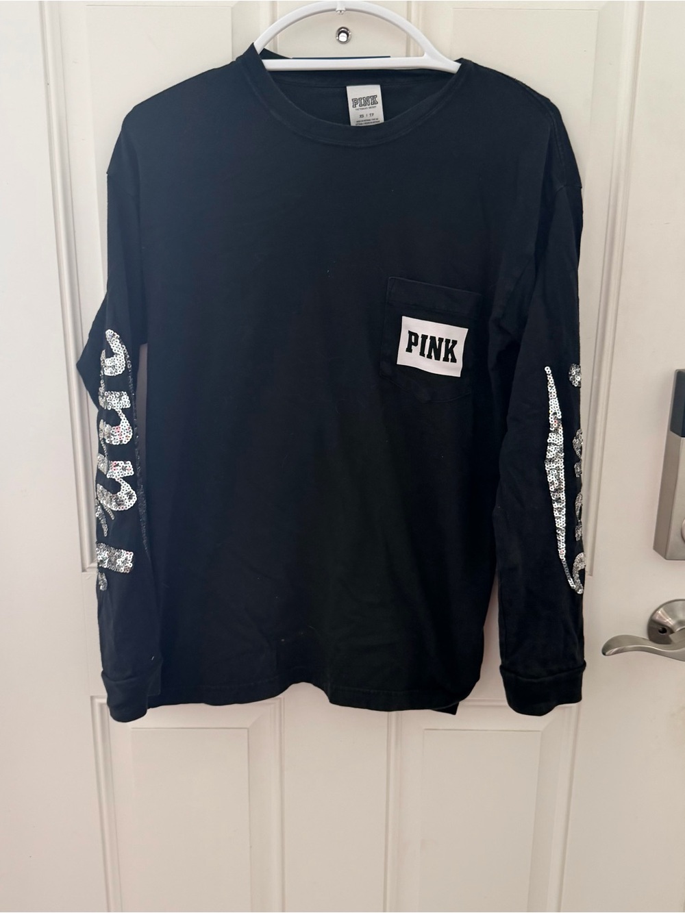 PINK VS Long Sleeve T-Shirt XS | Black Sequin Bling Logo Sleeves